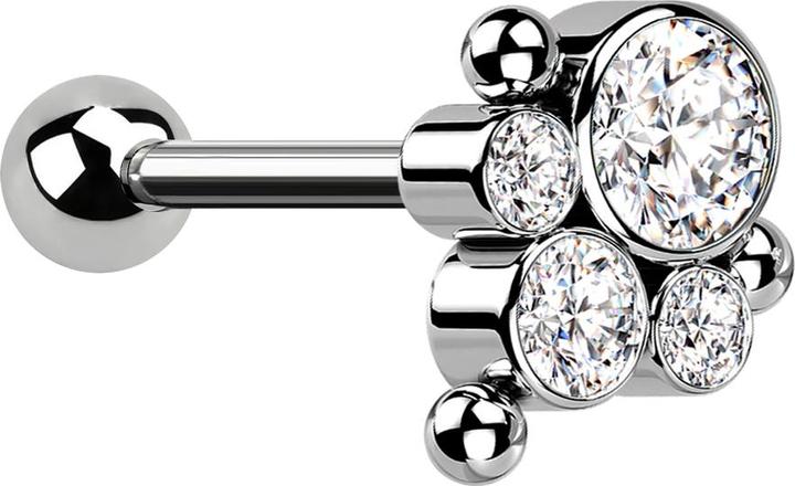Star Piercing Micro Barbell Threadless silber mit Kugel und drei Kugeln vier Kristalle silber (Titan G23, ohne Messing)