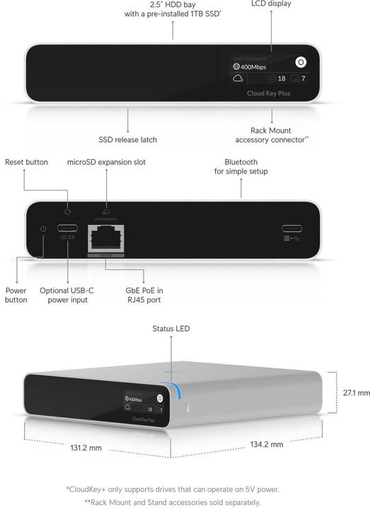 Productafbeelding Ubiquiti Netwerken UniFi Cloud Key Gen2 1TB SSD 2,5" harde schijf inbegrepen (Netwerk Video Recorder (NVR))