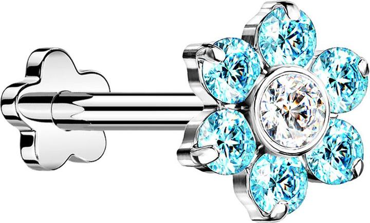 Star Piercing Micro Threadless Labret Blume silber Blume Kristalle aqua (Titan G23, ohne Messing)