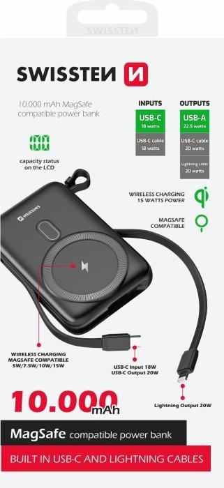 Produktbild Swissten Power Bank 10000 Mah 20W (Magsafe Compatible) with Built-In Cables USB-C And Lightning (10000 mAh, 22.50 W, 38.50 Wh)