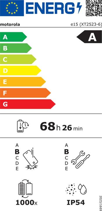 Etichetta energetica Motorola Moto E15 (64 GB, Azzurro Nebbioso, 6.67", Doppia SIM, 32 Mpx, 4G)