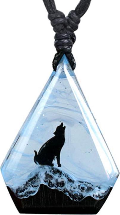 Star Piercing Halskette schwarz Anhänger Diamant Wolf im Winter Epoxy blau aus Arang Holz (Organisch, ohne Messing)