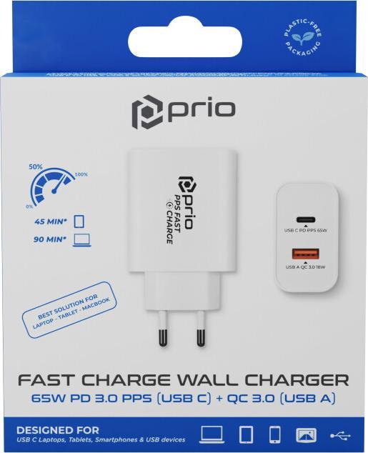 Produktbild prio Fast Charge -Ladegerät 65W PD (USB C) + QC 3.0 (USB A) weiss (65 W)