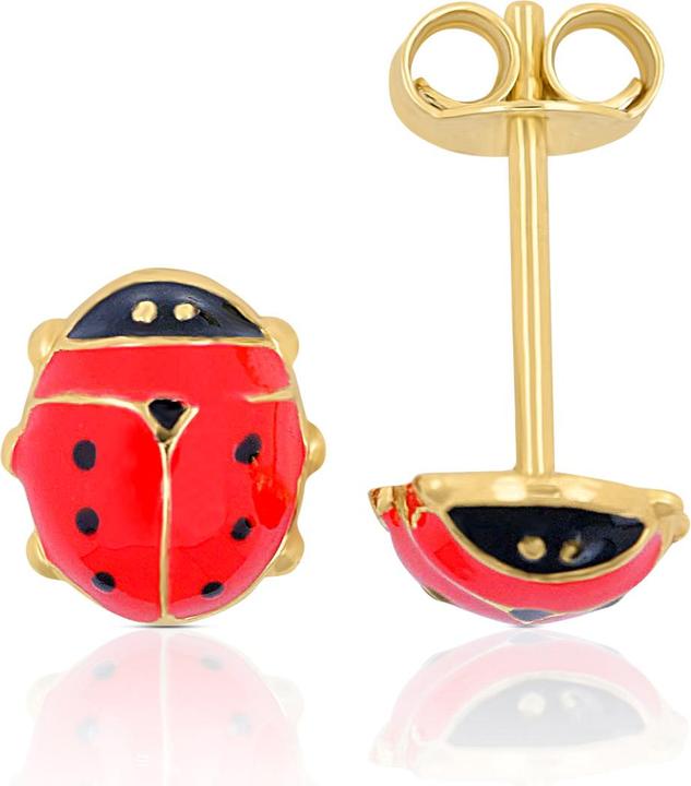 Muau Stud earrings ladybird yellow gold 750 red/black 8mm (750/18K Gelbgold)