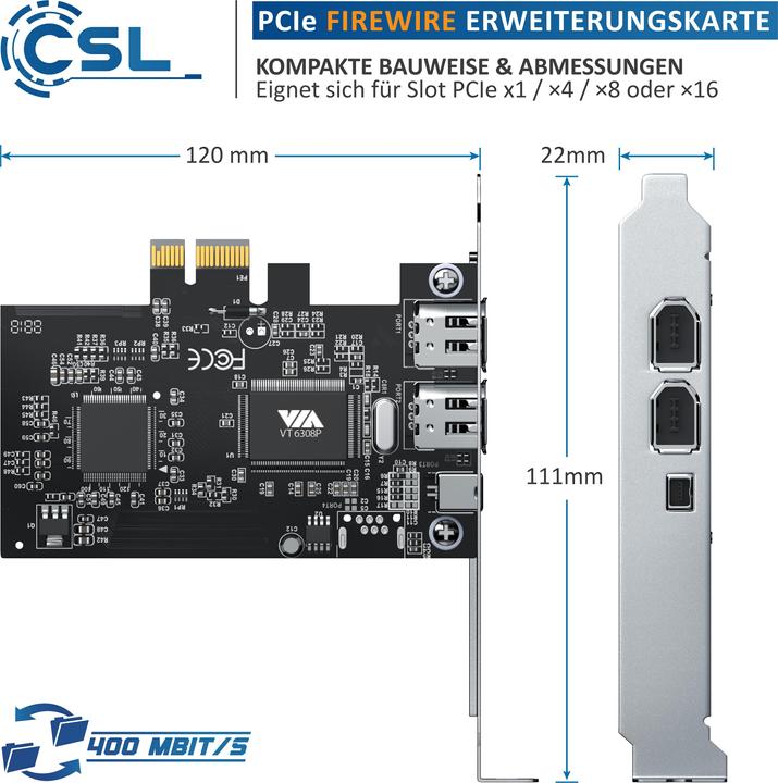 Actual product image CSL PCI Firewire card, expansion card, network adapter, 1394a 1394b controller card, 3x connections