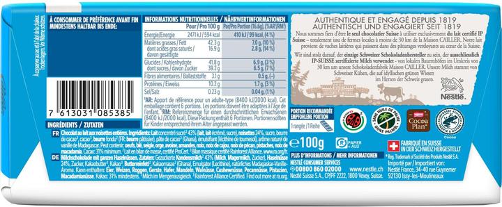 Nährwerte und Zutaten Cailler Milch-Nuss (100 g)