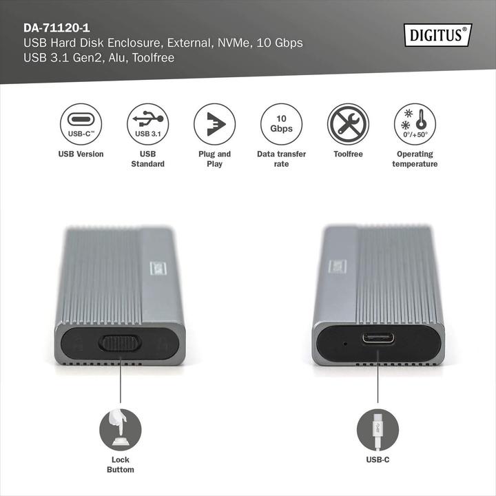 Actual product image Digitus USB M.2 hard disk enclosure, SSD, external, NVMe, 10Gbps, USB 3.1 Gen2, aluminum, toolfree (M.2 2242, M.2 2260, M.2 2280, M.2 2230)