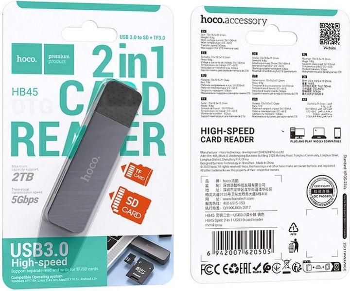 Immagine prodotto Hoco Headphone with microphone card reader 2in1 USB A 3.0 HB45 metal gray (USB 3.0)