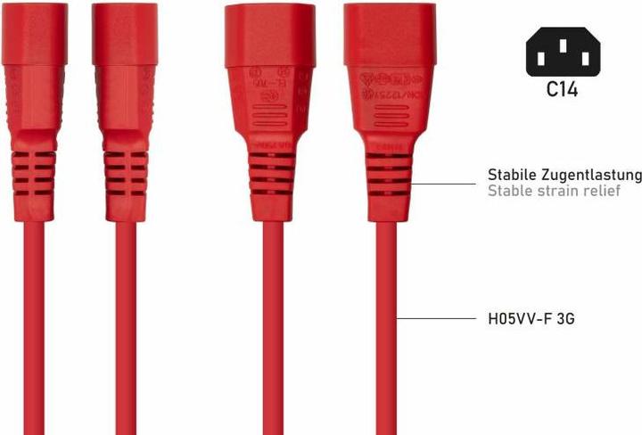 Actual product image Kabelmeister IEC appliance extension IEC appliance plug C14 to IEC appliance socket C13, red, 0.75mm² (2 m, C13)