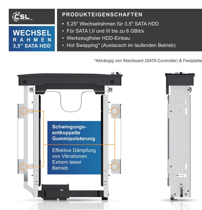 Produktbild CSL Festplatten Wechselrahmen, 5,25", für 3,5" SATA HDD's, Anti-Vibrations-Kit, Abschliessbar