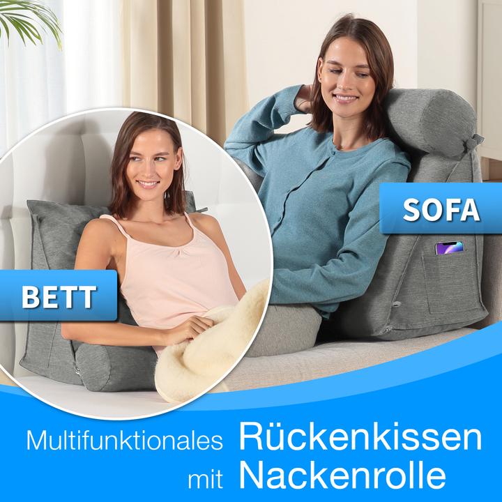 Produktbild Aktivshop Rückenkissen Bett/Sofa mit Abnehmbarer Nackenrolle und Seitentasche, Rückenstützkissen mit (55 x 50 x 30 cm)