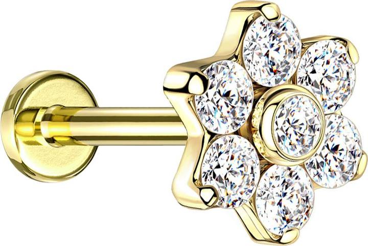Star Piercing Micro Labret Innengewinde vergoldet mit Blume Kristalle silber (ohne Messing, Titan G23)