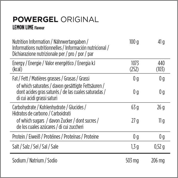Nährwerte und Zutaten Powerbar PowerGel Multiflavour Box (Zitrone, Limette, Himbeer, Granatapfel, Grüner Apfel, Mango, Koffein, Maracuja, 12 Stk., 492 g)