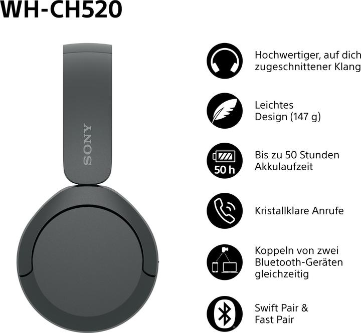 Immagine prodotto Sony WH-CH520 (Nessuna soppressione del rumore, 50 h, Senza fili)
