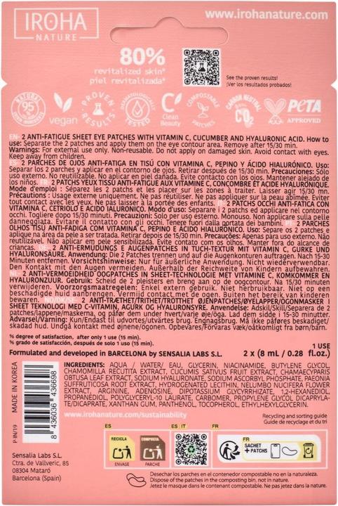 Valeurs nutritives et ingrédients Iroha Nature Patchs contour des yeux à la vitamine C + au concombre et à l'acide hyaluronique (Patchs, 16 ml)