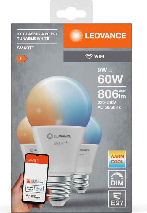 Actual product image Ledvance Smart+ Wifi Classic (E27, 9 W, 806 lm, 3 x, F)