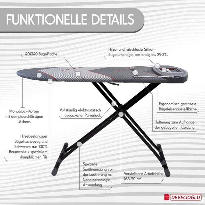 Actual product image Harbinger Ironing board, iron shelf, ironing board cover 40x140cm, height 68-90cm, grey (140 x 40 cm)