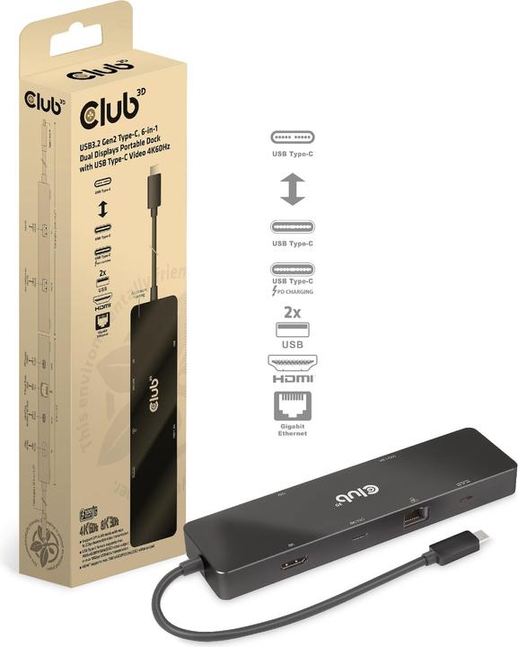 Productafbeelding Club 3D Club3D USB-C Dock > HDMI/USB-C(8K)/2xUSB/USB-C(PD100W)/RJ45 detailhandel (USB-C, 6 Havens)