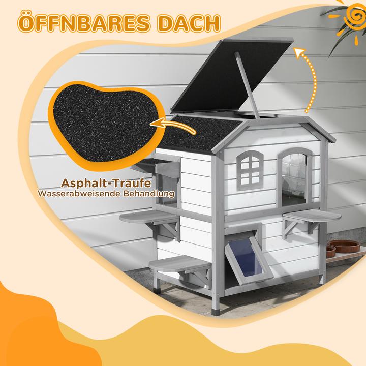 Produktbild PawHut Katzenhaus Tannenholz Hellgrau+Weiss (Katze)