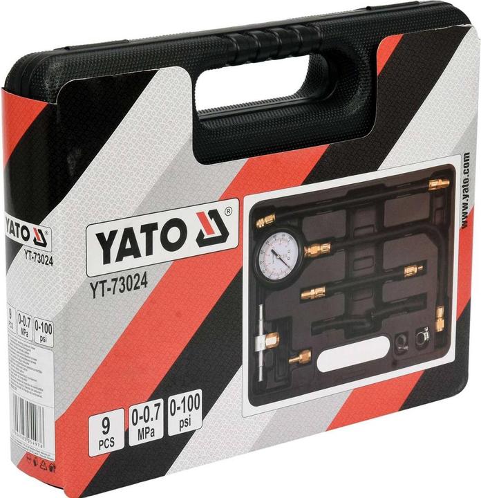 Produktbild Yato Profi Benzin Druckprüfer Set 9 TLG, mit Manometer 0-100 psi / 0-7 Bar, Flexible Ablaufschläuche