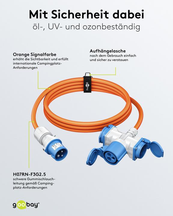 Produktbild Goobay CEE-Adapterleitung, CEE-Stecker auf 1x CEE-Kupplung und 2x Schutzkontakt-Kupplung, 1,5 m (CEE 7/7)