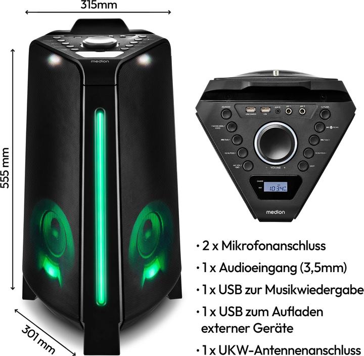 Productafbeelding Medion MD 43552 Feestluidspreker zwart (4 h, Elektrische stroom, Oplaadbare batterij)