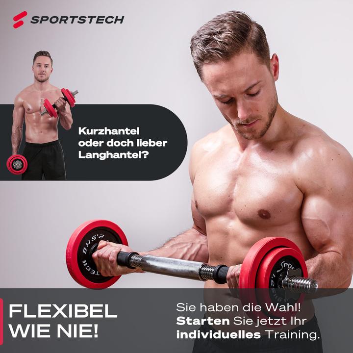 Produktbild Sportstech Sie können sich nicht entscheiden, ob eine Langhantel oder Kurzhanteln besser für Sie geeignet wären