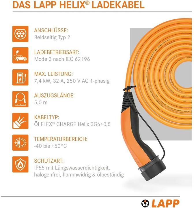 Image du produit Lapp Mobility EV-TYP2 Ladekabel HELIX 1-phasig (Type 2, 7.40 kW, 32 A, 5 m)