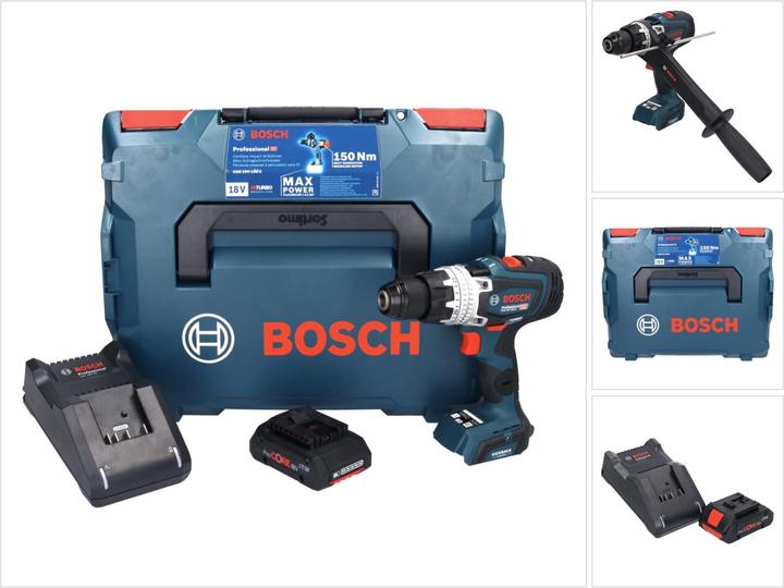 1x Bosch GSB 18V-150 C Professional cordless impact drill, 1x Bosch GBA 18 V 4.0 Ah ProCORE rechargeable battery ( 1600A016GB ), 1x Bosch GAL 18V-40 charger ( 1600A019RJ ), 1x additional handle, 1x L-Boxx