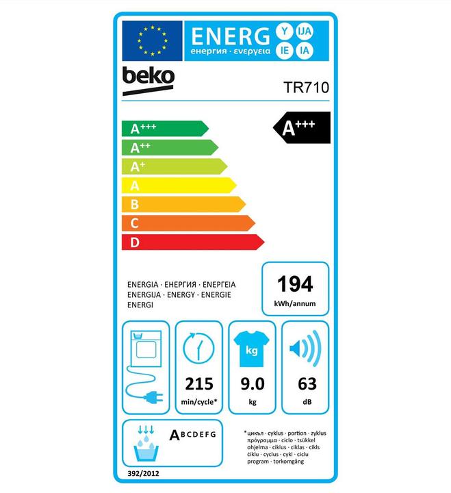 Label énergétique Beko TR710 (9 kg, Modifiable, Droite)