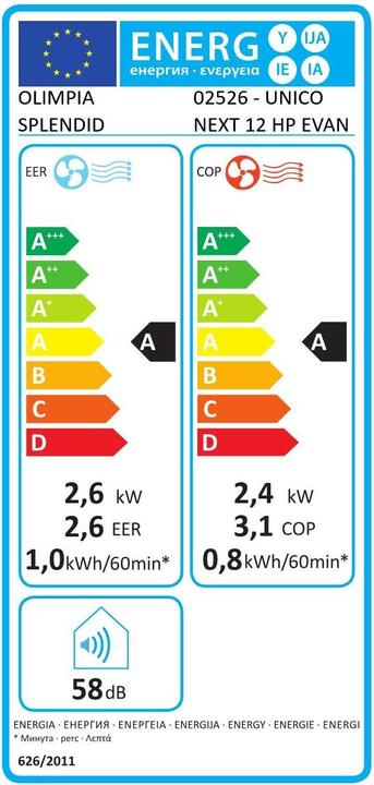 Energie-Label Olimpia Splendid Unico Next 12 Hp Evan (30 m², 8871.57 BTU/h)