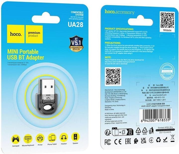 Actual product image Hoco Cable adapter USB A bluetooth UA28 transparent black (Transmitter & Receiver)