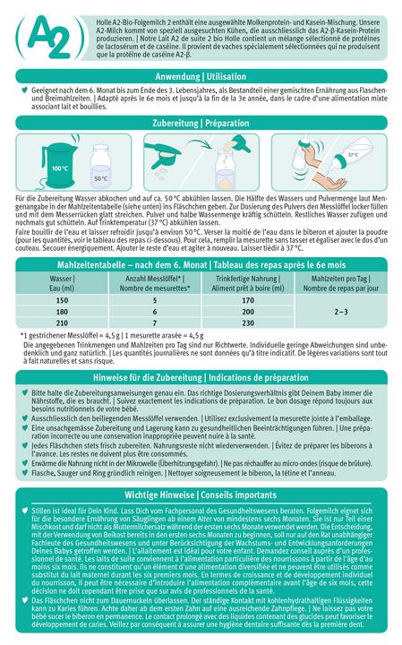 Nutritional values and ingredients Holle A2 Folgemilch (400 g, from 6 m.)