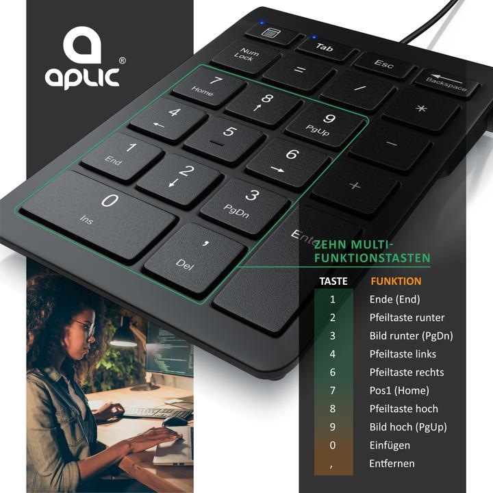 Actual product image Aplic Numpad 22 keys, USB keypad wired, numeric keypad, numeric keypad additional keyboard, cable 1.50 m (DE, Cable)