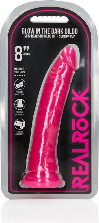 Image du produit RealRock Slim Dildo Suction Cup - GitD - 8" / 20 cm - Neon Pink