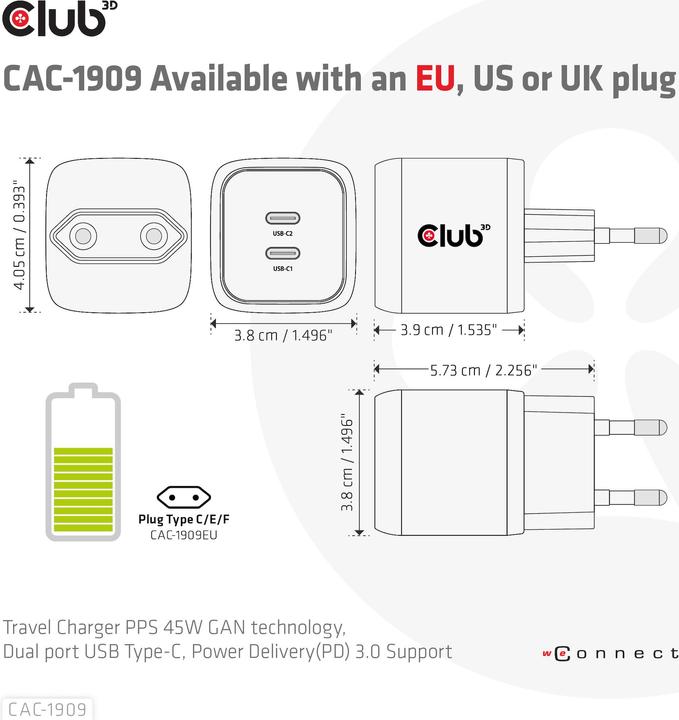 Image du produit Club 3D Chargeur PPS 45W GAN, Power Delivery (PD) 3.0 (45 W)