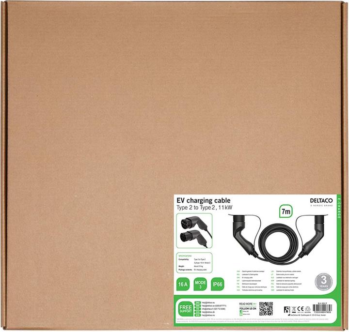 Actual product image Deltaco Type 2 EV charging cable for e-cars and hybrid vehicles, electric car charger Mennekes cable, Ko (Type 2, 11 kW, 16 A, 7 m)
