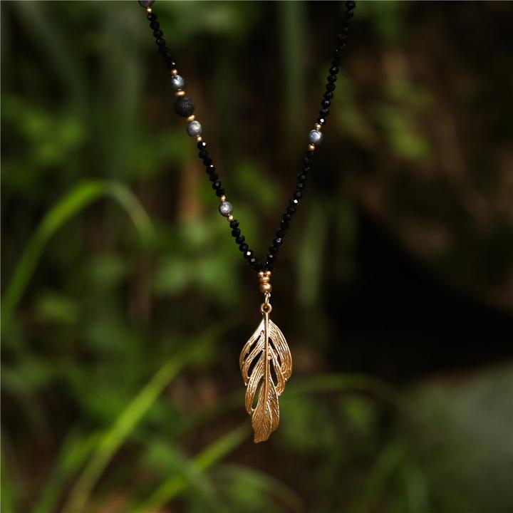 Image du produit Andreani Collier avec pendentif plume en pierre de lave véritable avec perles d'eau douce (Pierres)