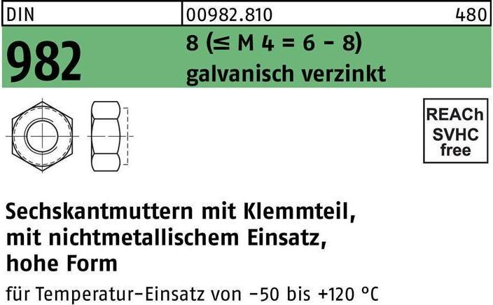 Produktbild Sechskantmutter DIN 982 m.Klemmteil M 5 8 (= M 4 = 6-8) galvanisch verzinkt (M5)