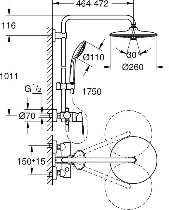 Immagine prodotto Grohe Vitalio Joy 260 Duschsystem, mit Brausearmatur, wassersparend, 3 Strahlarten, Wandmontage, Antikalk-