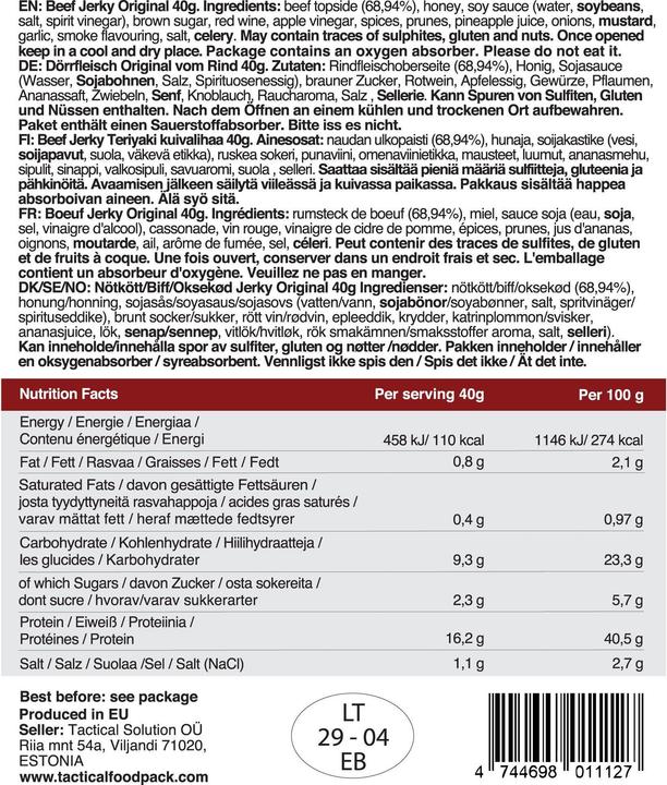Nährwerte und Zutaten Tactical Foodpack Beef Jerky Original (40 g)