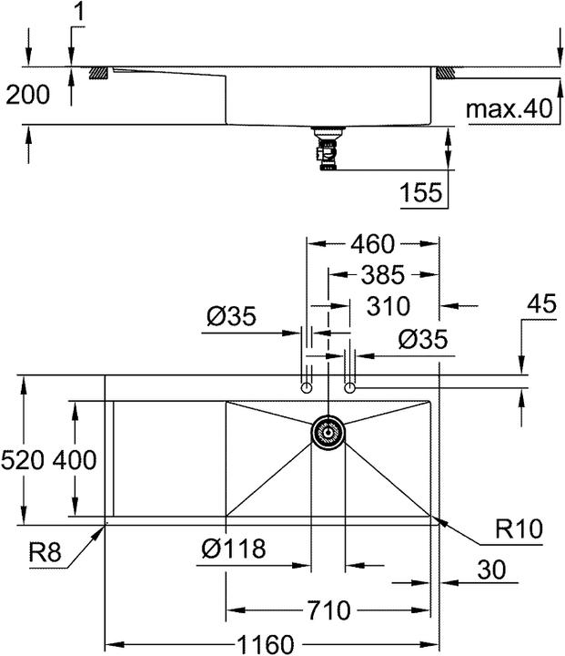 Image du produit Grohe K1000 Évier en acier inoxydable avec égouttoir (Éviers à poser, 50.50 cm, 114.50 cm)