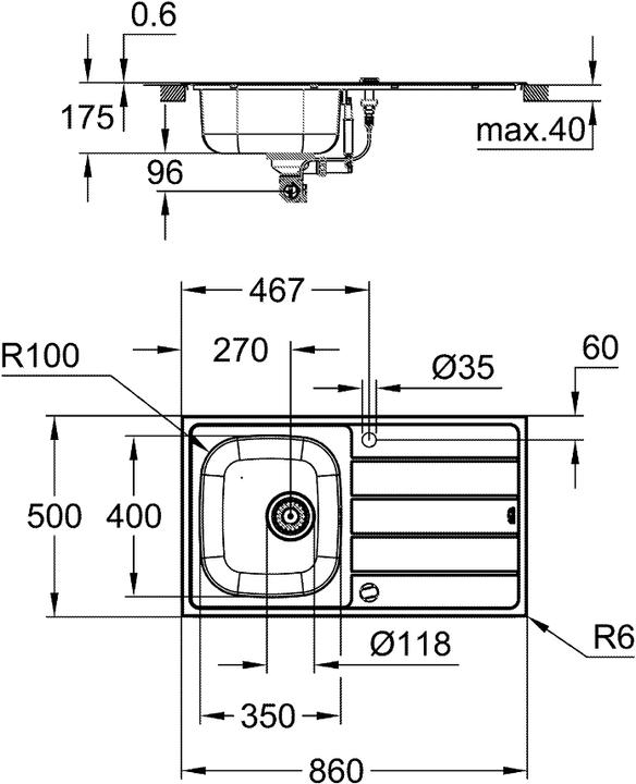 Productafbeelding Grohe K200 roestvrijstalen spoelbak met afdruiprek (Aanrecht, 50 cm, 86 cm)
