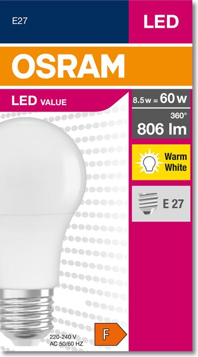 Produktbild Osram Led Value Classic A (E27, 8.50 W, 806 lm, 1 x, F)