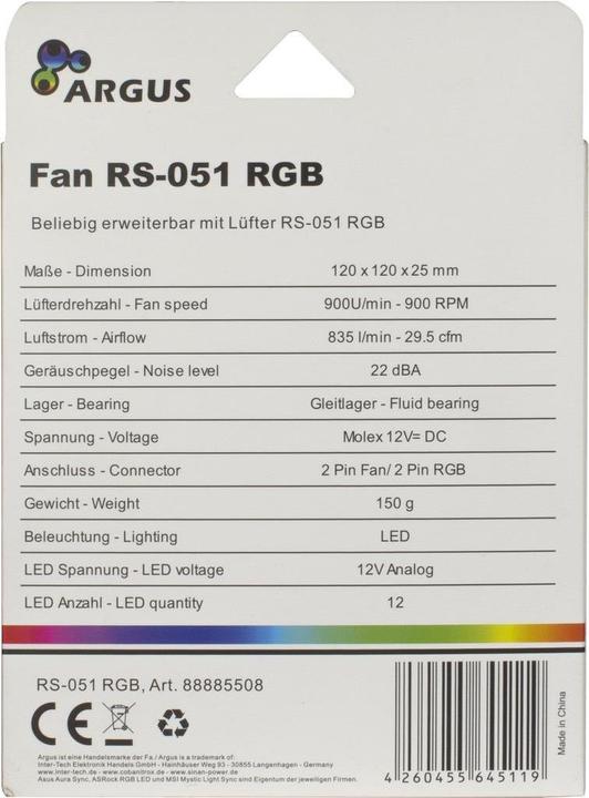 Produktbild Intertech Inter-Tech Argus RS-051 RGB Computergehäuse Ventilator 12 cm Schwarz (120 mm, 1 x)