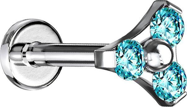 Star Piercing Micro Labret Innengewinde silber Dreieck drei Kristalle aqua (Chirurgenstahl 316L, ohne Messing)