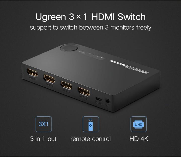 Image du produit Ugreen switch splitter splitter switch HDMI - 3x HDMI 3D 4K 7.5 Gbps 36 bit per channel noir (40234