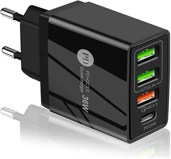 Actual product image PhoneLook Chargeur secteur 36W PowerDelivery QC3.0 Adaptateur de charge rapide 3x USB-A + 1x USB-C (36 W)