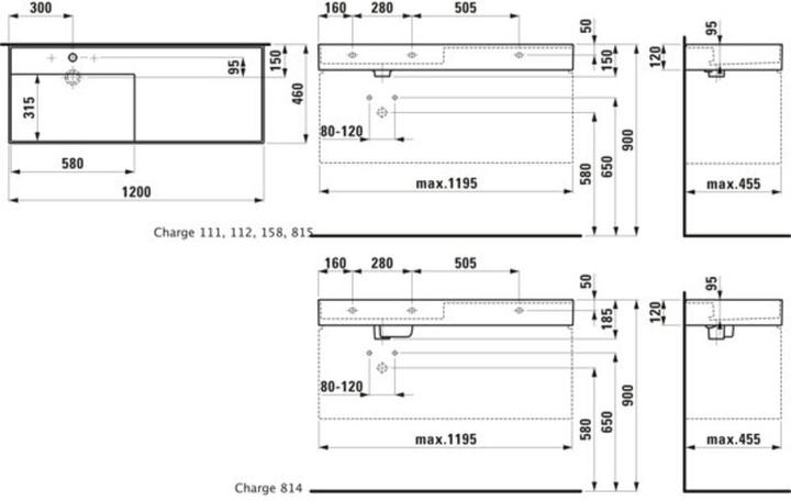 Produktbild Laufen Kartell Waschtisch, unterbaufähig, Ablage rechts, 2 Hahnlöcher, ohne Überlauf, 1200x460mm (1200 mm, 460 mm)