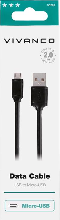 Produktbild Vivanco Micro USB Kabel,USB2.0 kompatibel,A-Stecker auf micro B-Stecker, schwarz, 2m (2 m, USB 2.0)
